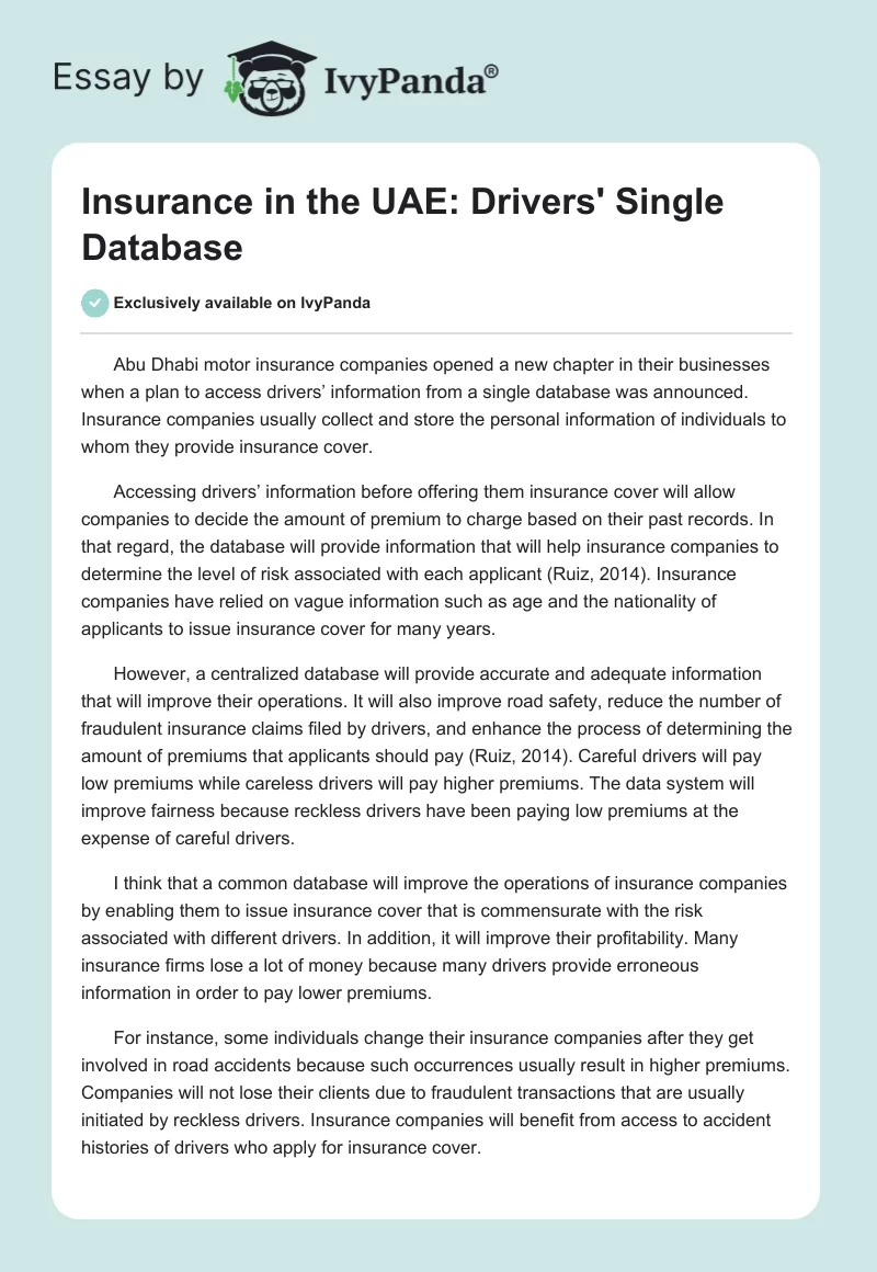 Insurance in the UAE: Drivers' Single Database. Page 1