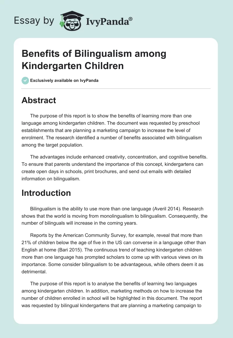 Benefits of Bilingualism Among Kindergarten Children. Page 1