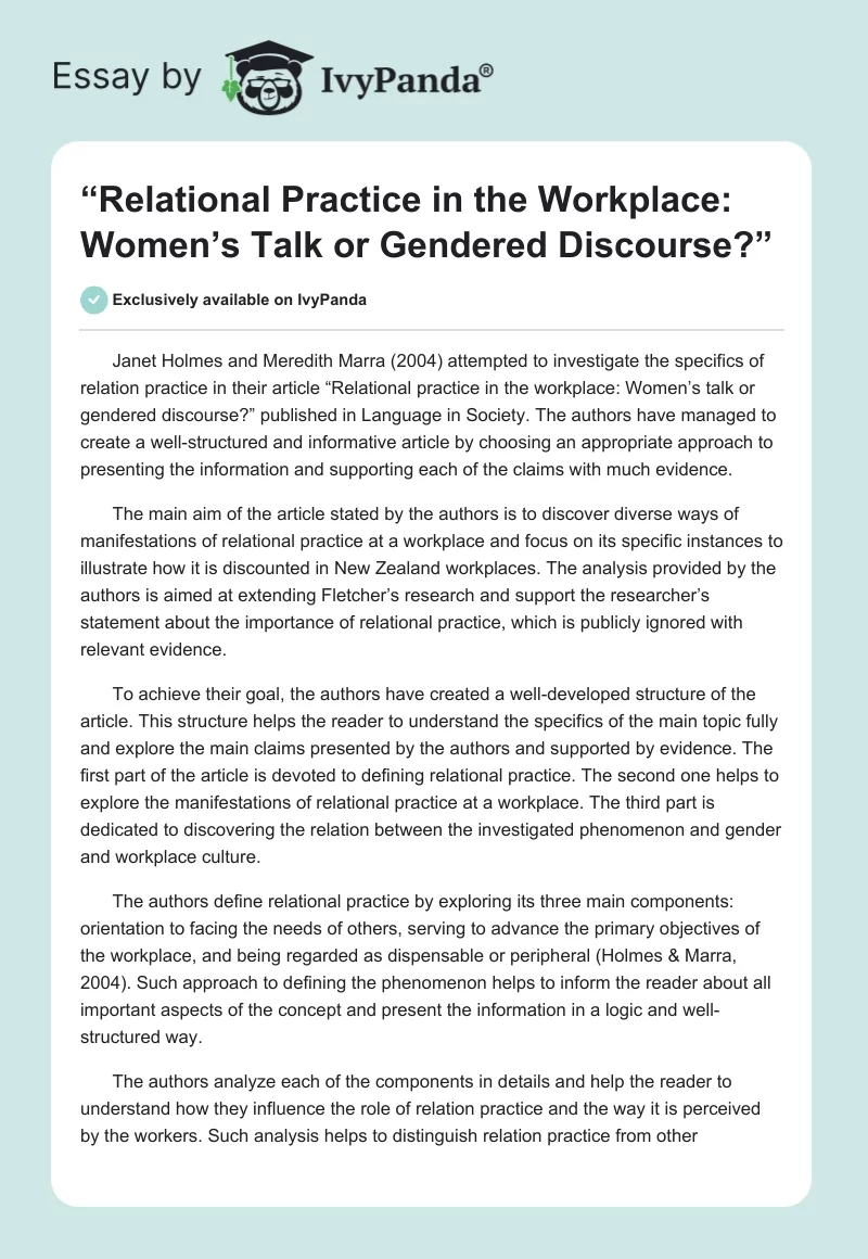 “Relational Practice in the Workplace: Women’s Talk or Gendered Discourse?”. Page 1