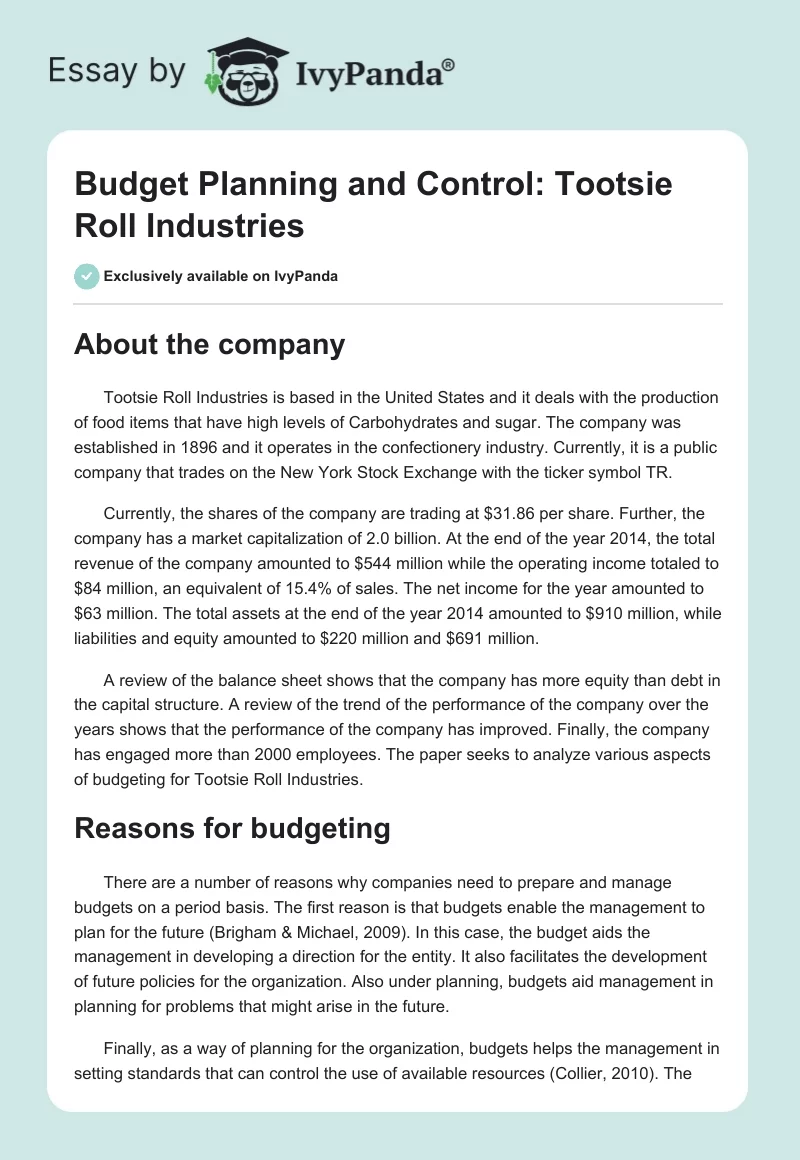 Budget Planning and Control: Tootsie Roll Industries. Page 1