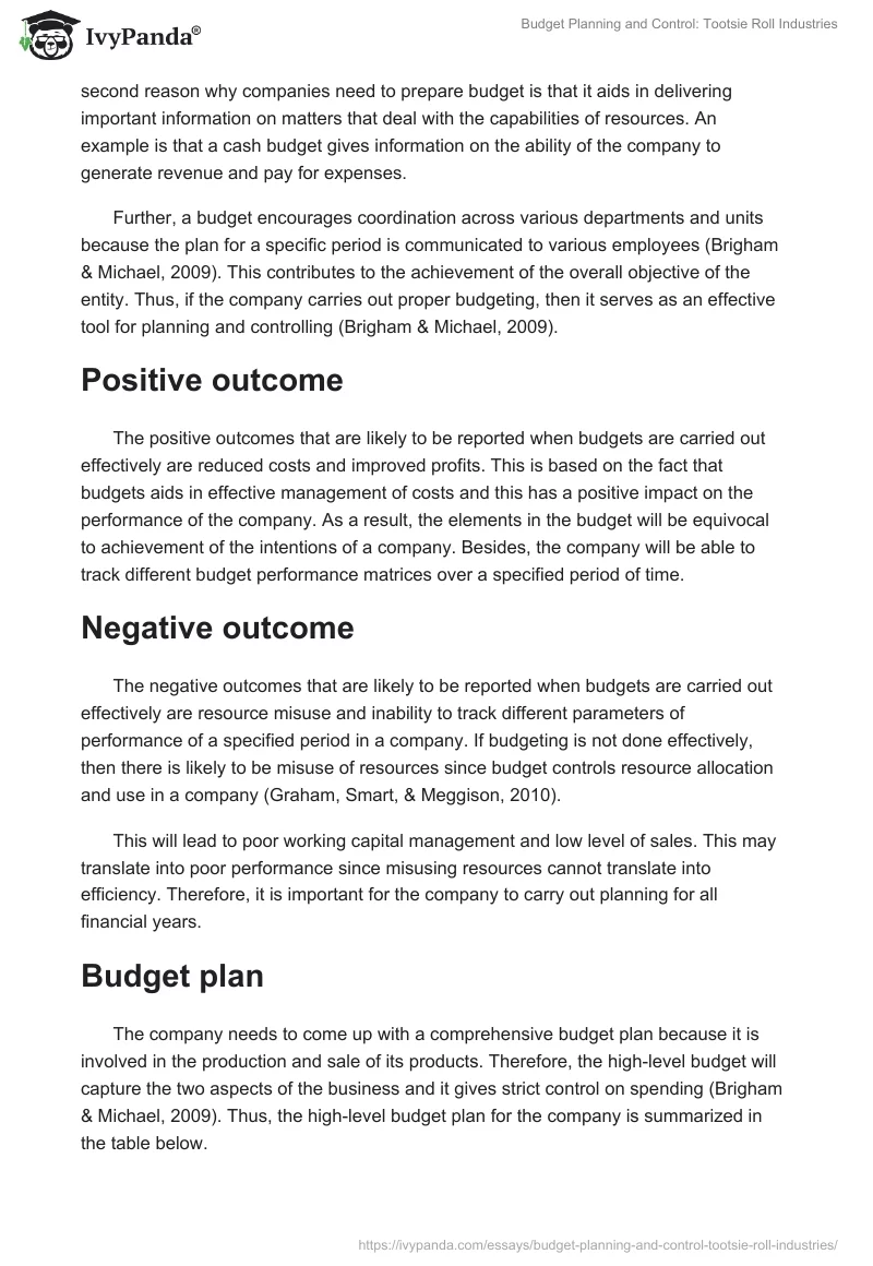 Budget Planning and Control: Tootsie Roll Industries. Page 2