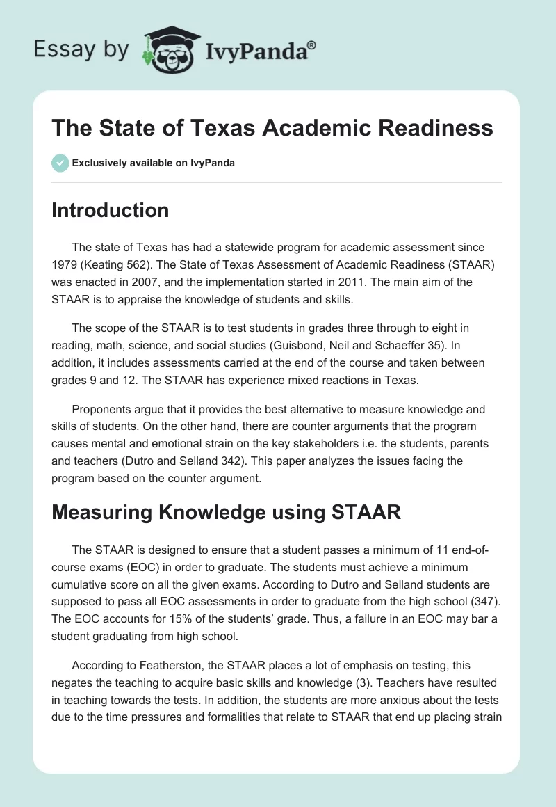 The State of Texas Academic Readiness. Page 1