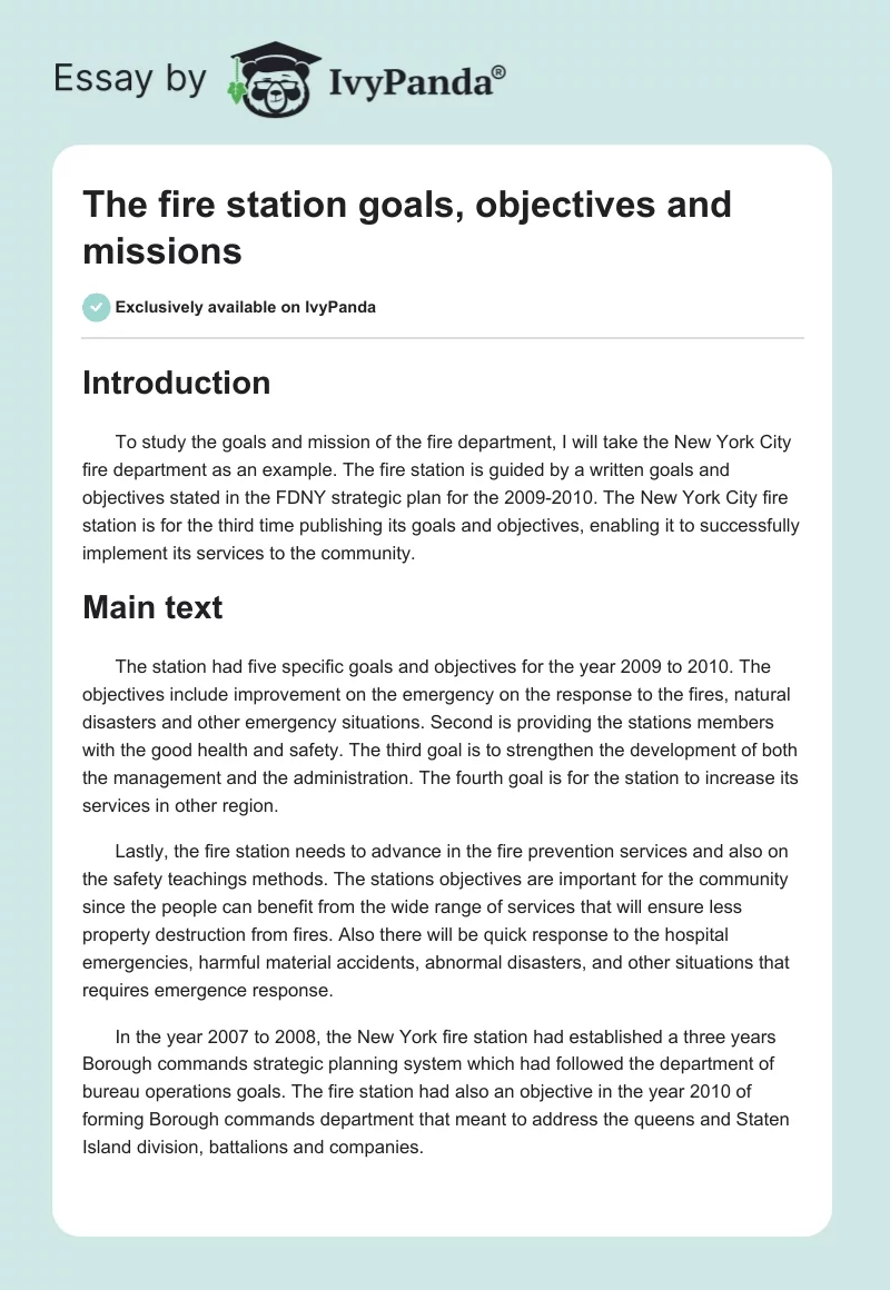 The fire station goals, objectives and missions. Page 1