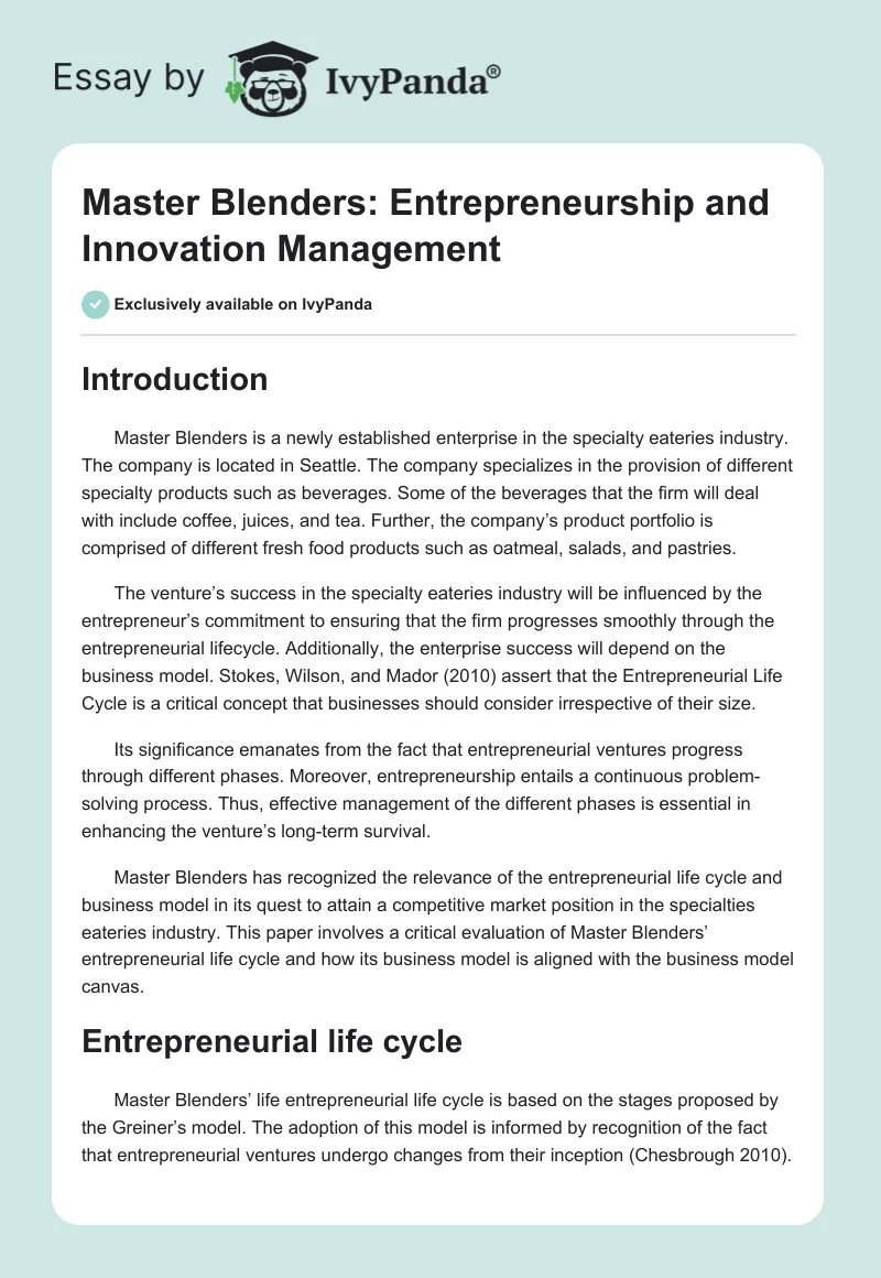 Master Blenders: Entrepreneurship and Innovation Management. Page 1