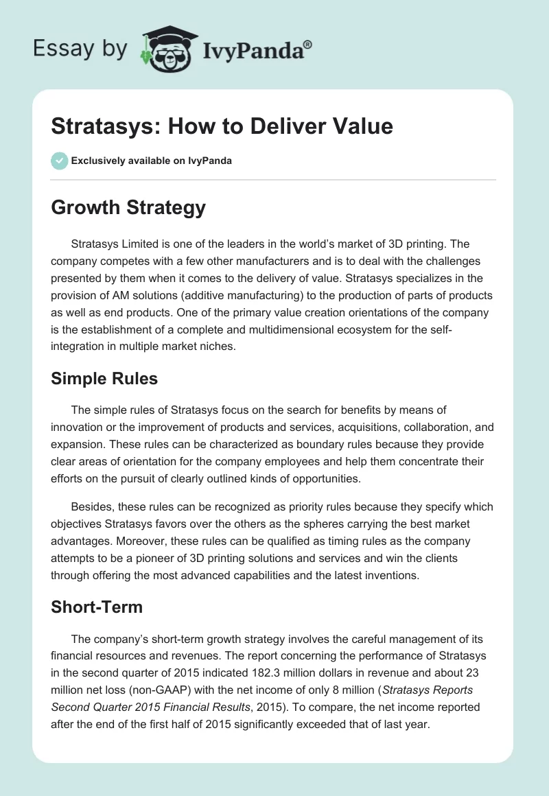 Stratasys: How to Deliver Value. Page 1