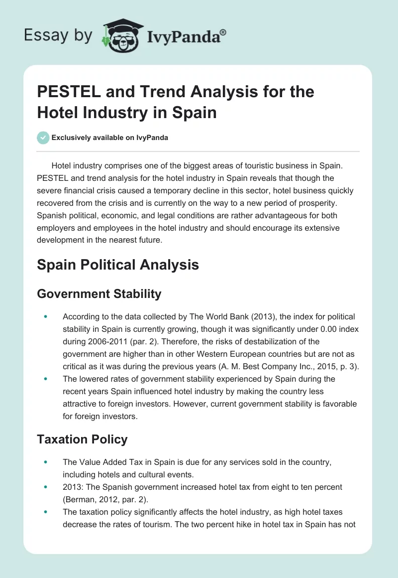 PESTEL and Trend Analysis for the Hotel Industry in Spain. Page 1