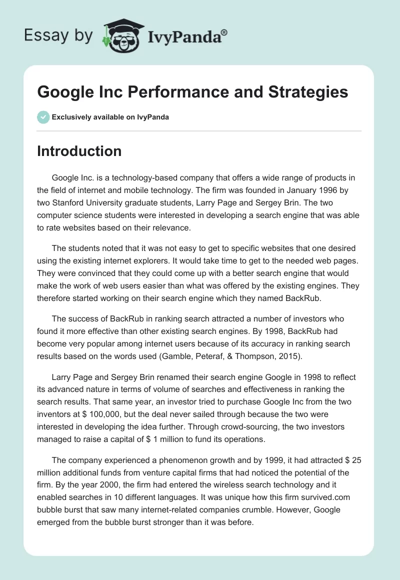 Google Inc Performance and Strategies. Page 1