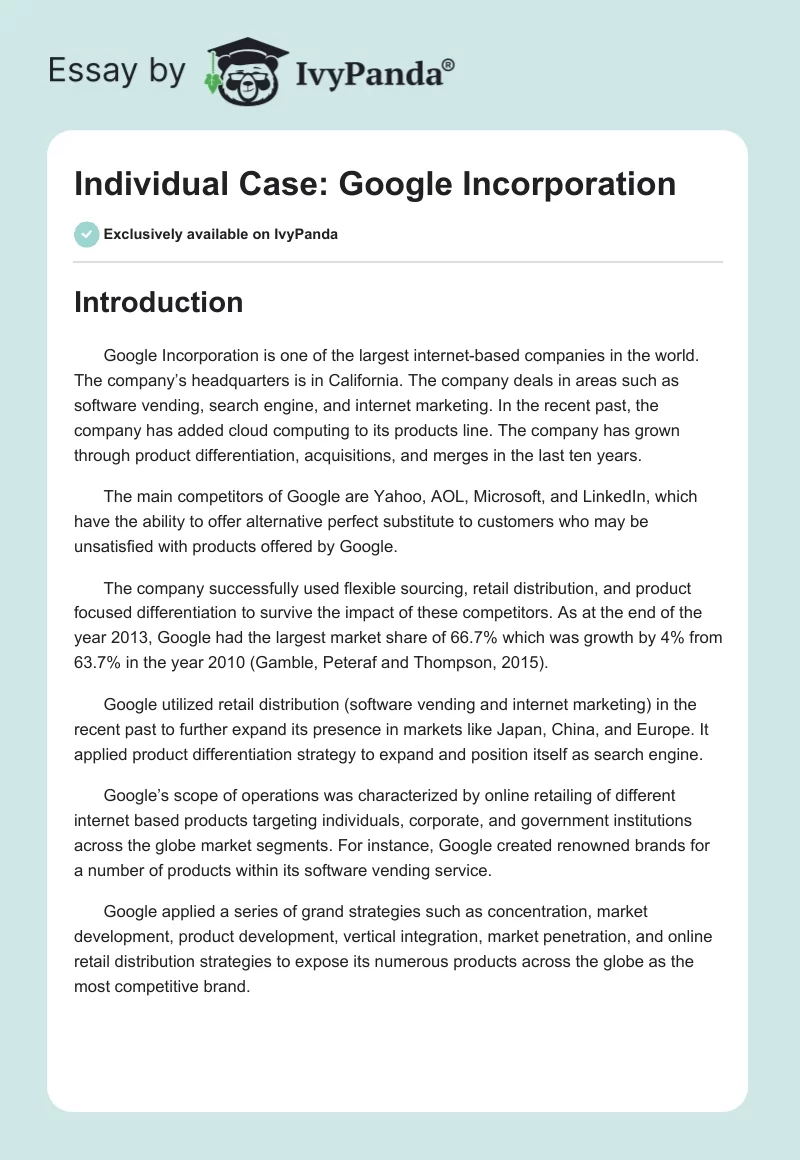 Individual Case: Google Incorporation. Page 1