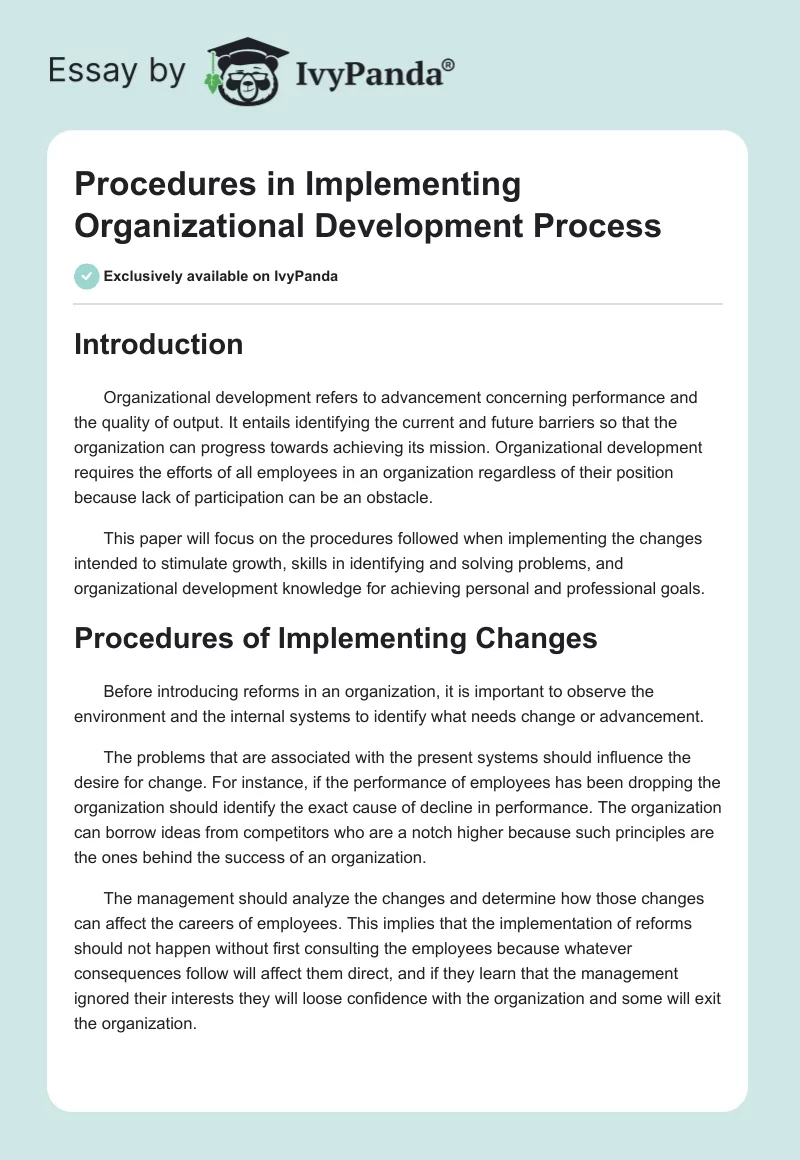 Procedures in Implementing Organizational Development Process. Page 1
