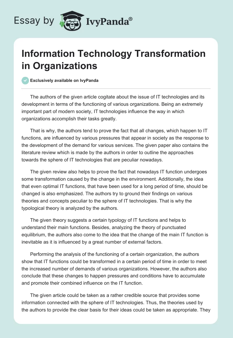 Information Technology Transformation in Organizations. Page 1
