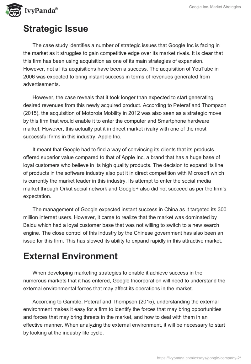 Google Inc. Market Strategies. Page 2
