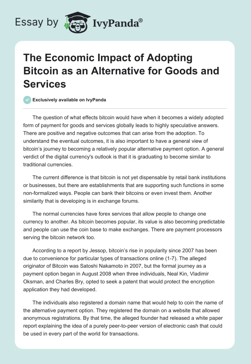 The Economic Impact of Adopting Bitcoin as an Alternative for Goods and Services. Page 1