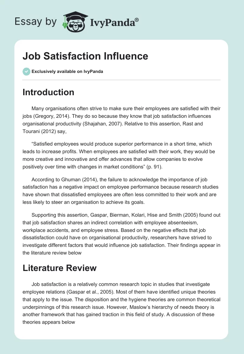 Job Satisfaction Influence. Page 1