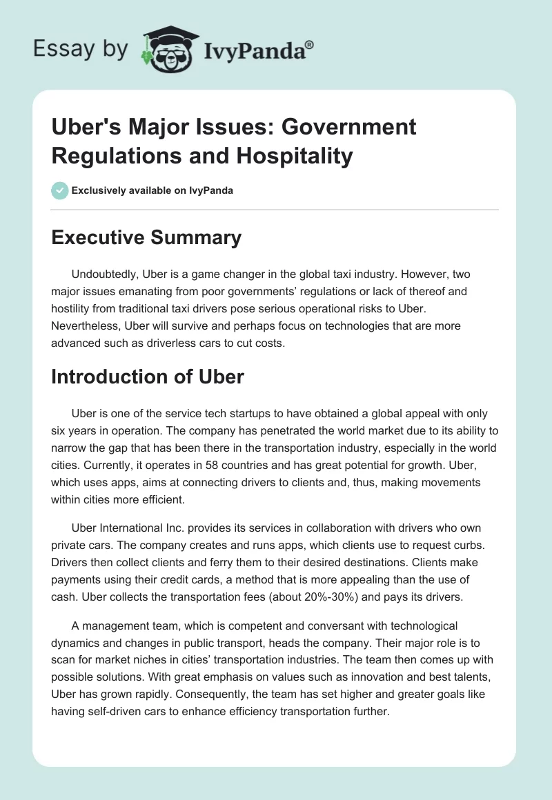 Uber's Major Issues: Government Regulations and Hospitality. Page 1