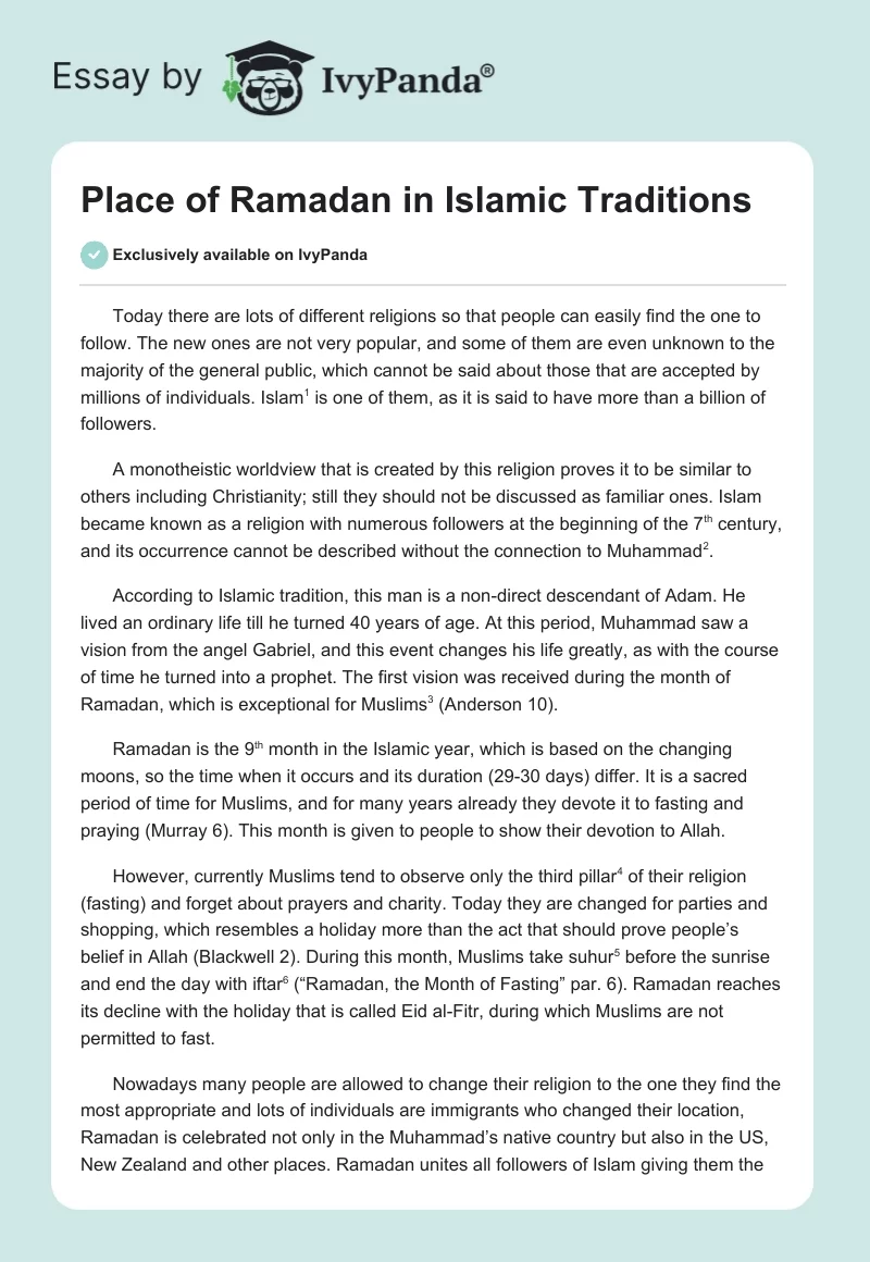Place of Ramadan in Islamic Traditions. Page 1