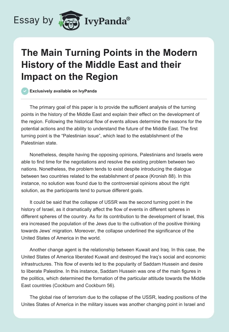 The Main Turning Points in the Modern History of the Middle East and their Impact on the Region. Page 1