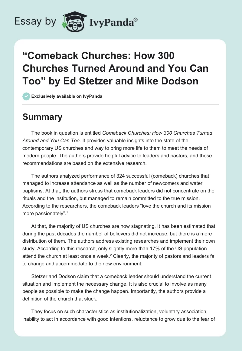 “Comeback Churches: How 300 Churches Turned Around and You Can Too” by Ed Stetzer and Mike Dodson. Page 1