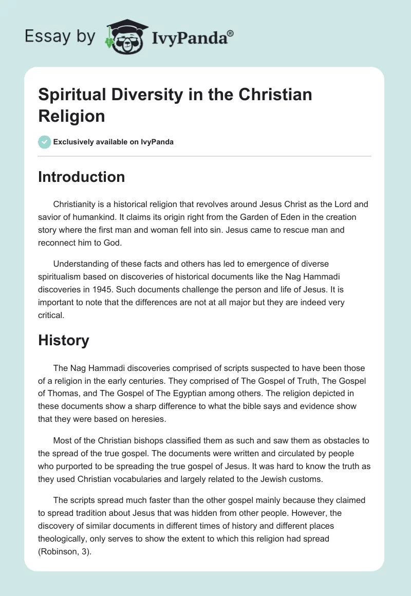 Spiritual Diversity in the Christian Religion. Page 1