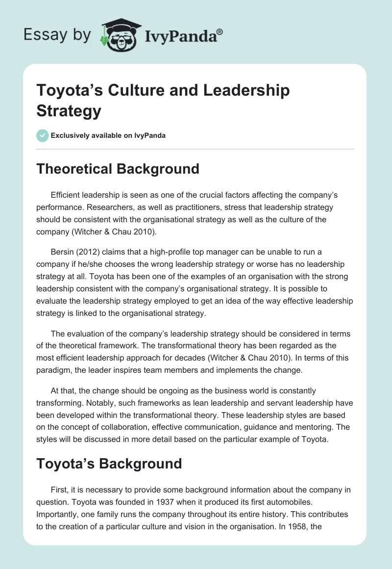 Toyota’s Culture and Leadership Strategy. Page 1