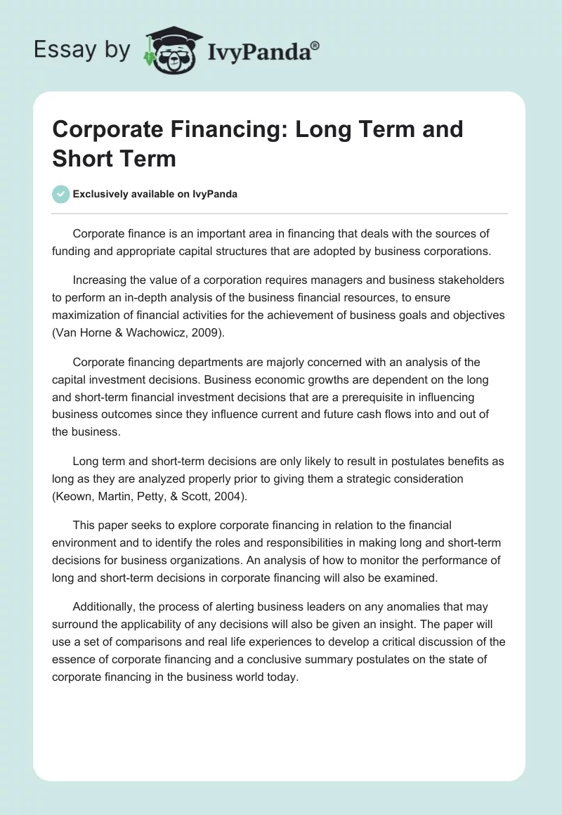 Corporate Financing: Long Term and Short Term. Page 1