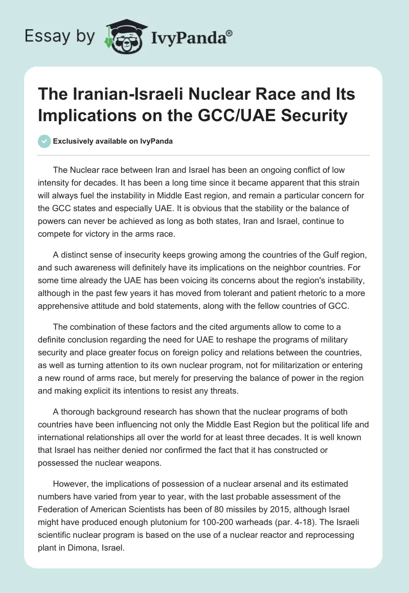 The Iranian-Israeli Nuclear Race and Its Implications on the GCC/UAE Security. Page 1