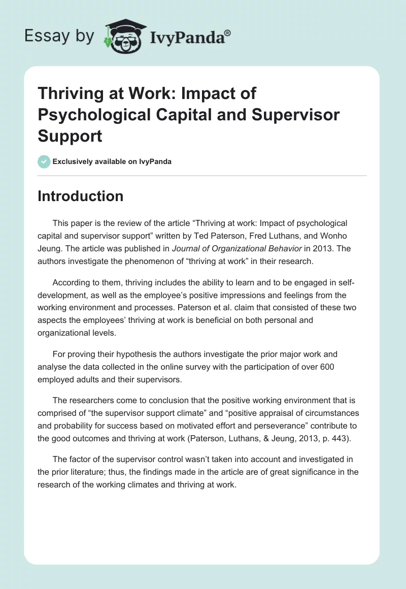 Thriving at Work: Impact of Psychological Capital and Supervisor Support. Page 1