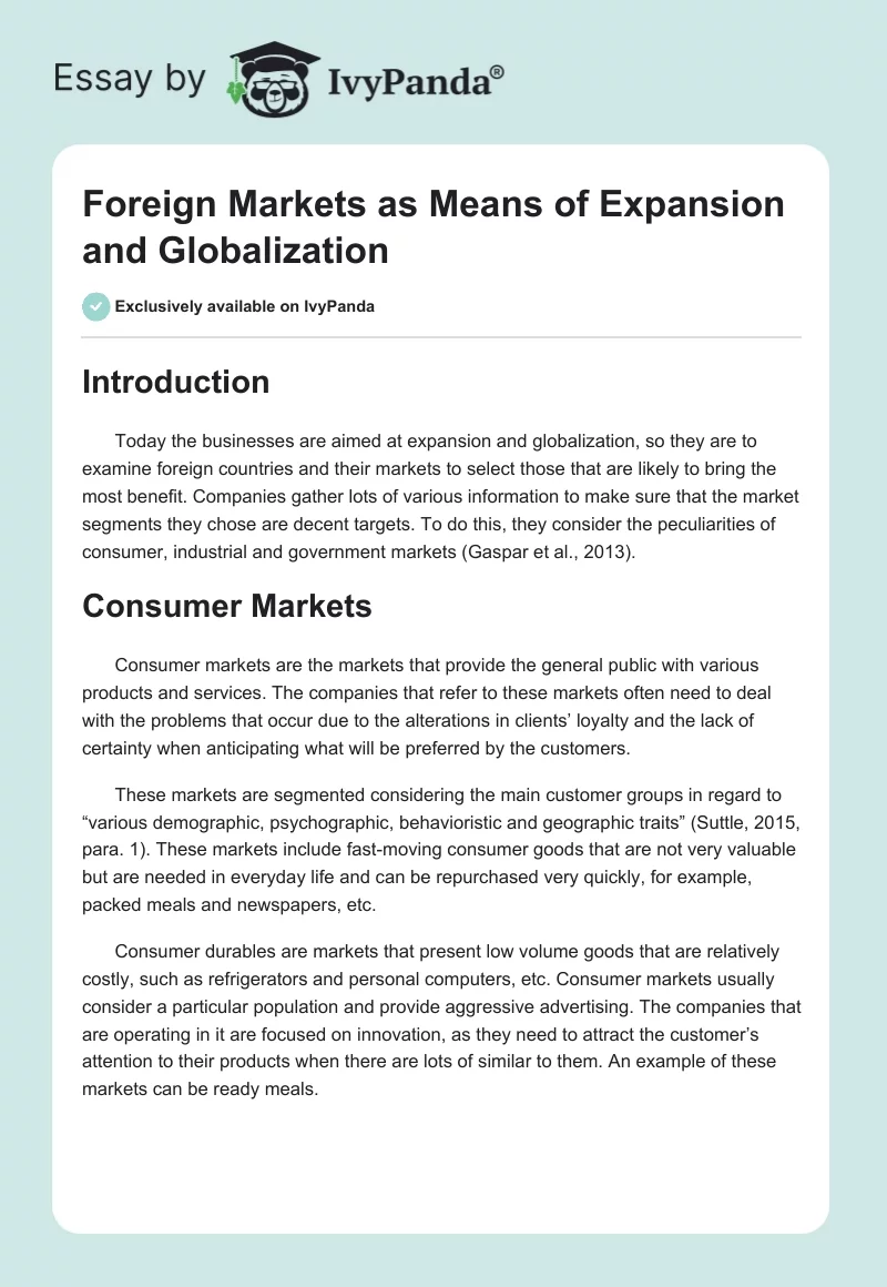 Foreign Markets as Means of Expansion and Globalization. Page 1