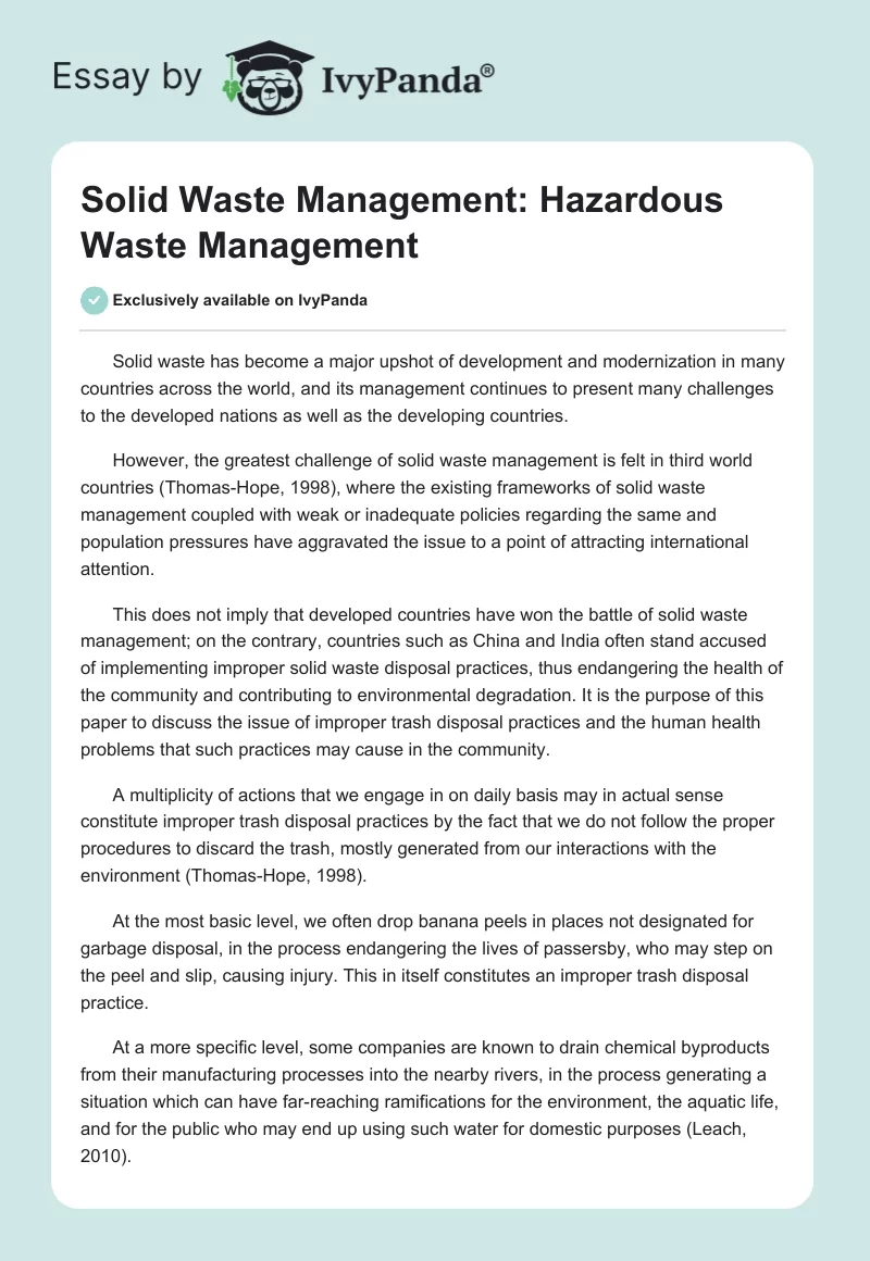 Solid Waste Management: Hazardous Waste Management. Page 1