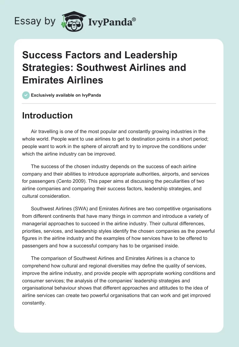 Success Factors and Leadership Strategies: Southwest Airlines and Emirates Airlines. Page 1