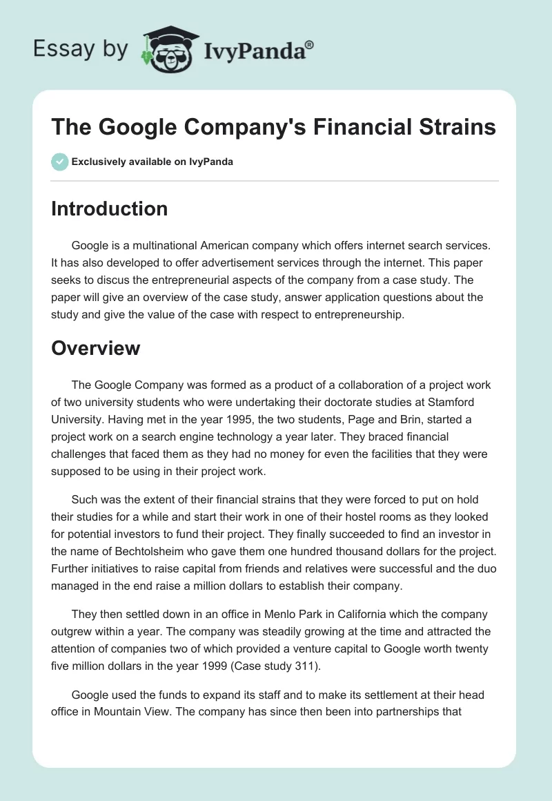 The Google Company's Financial Strains. Page 1