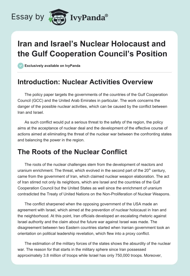 Iran and Israel’s Nuclear Holocaust and the Gulf Cooperation Council’s Position. Page 1
