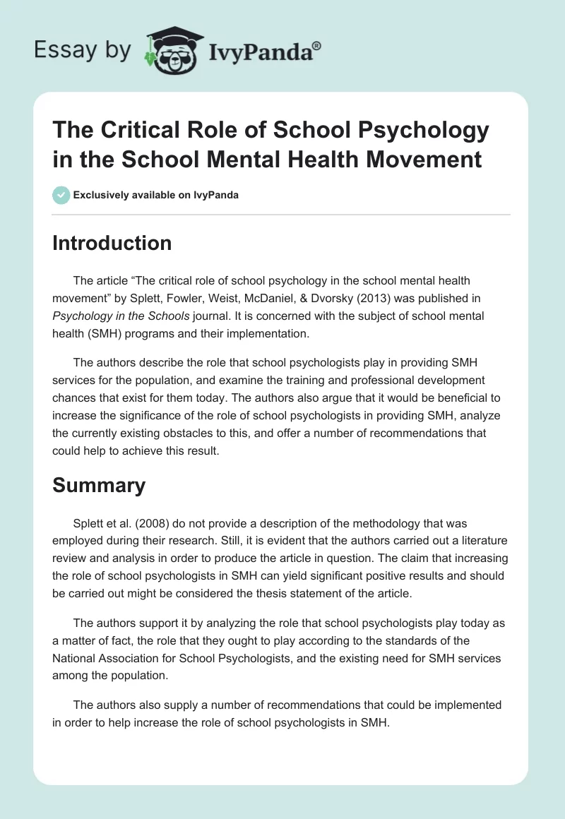The Critical Role of School Psychology in the School Mental Health Movement. Page 1