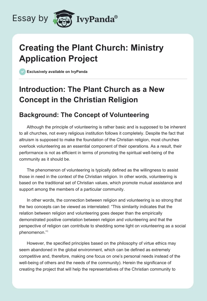 Creating the Plant Church: Ministry Application Project. Page 1