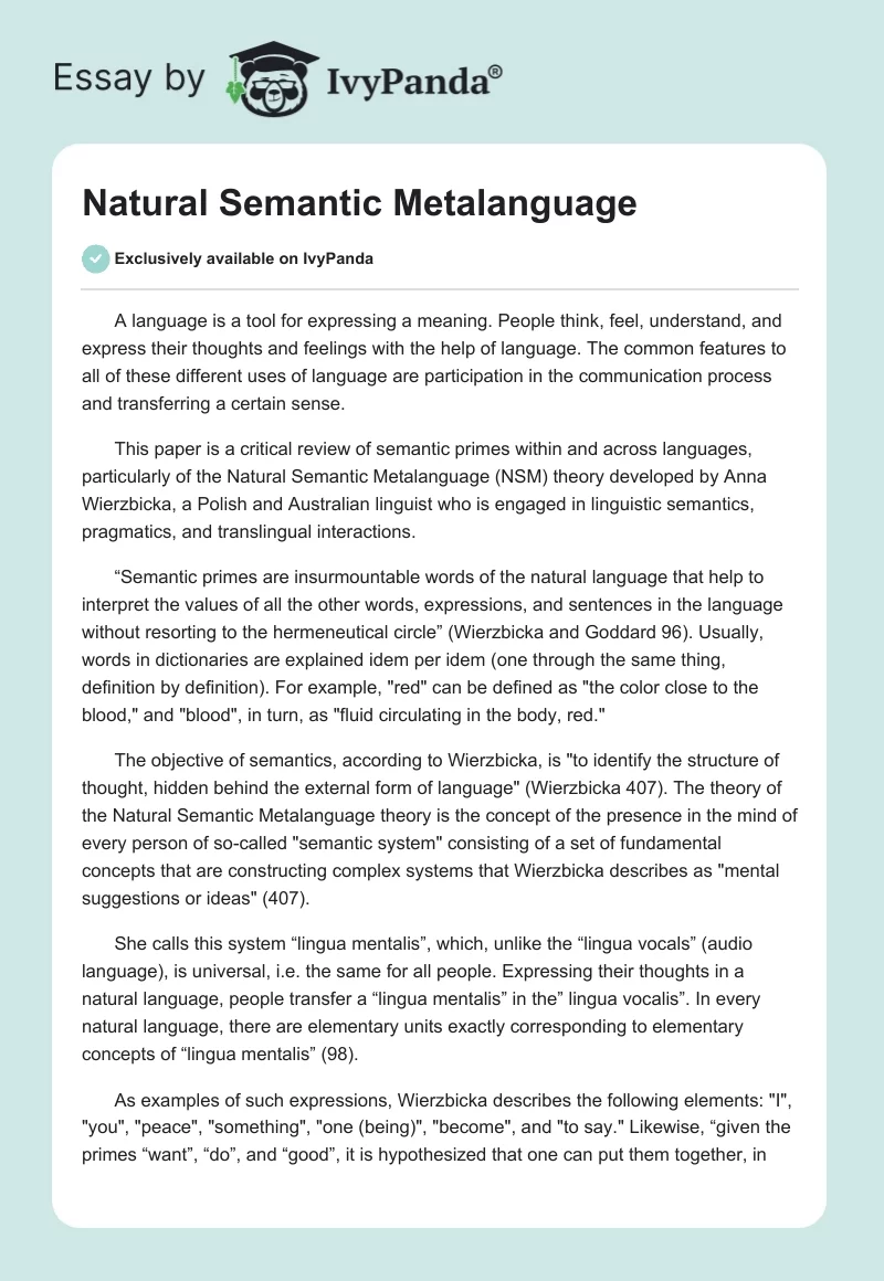 Natural Semantic Metalanguage. Page 1