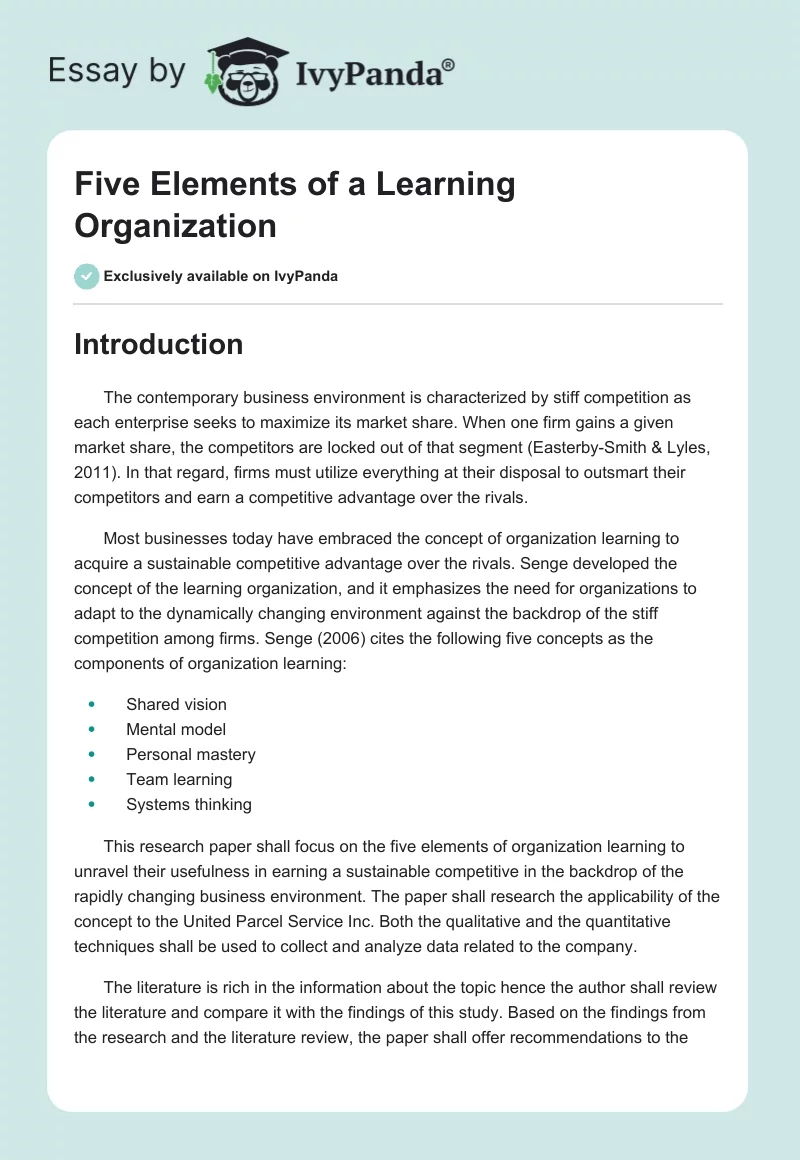 Five Elements of a Learning Organization. Page 1