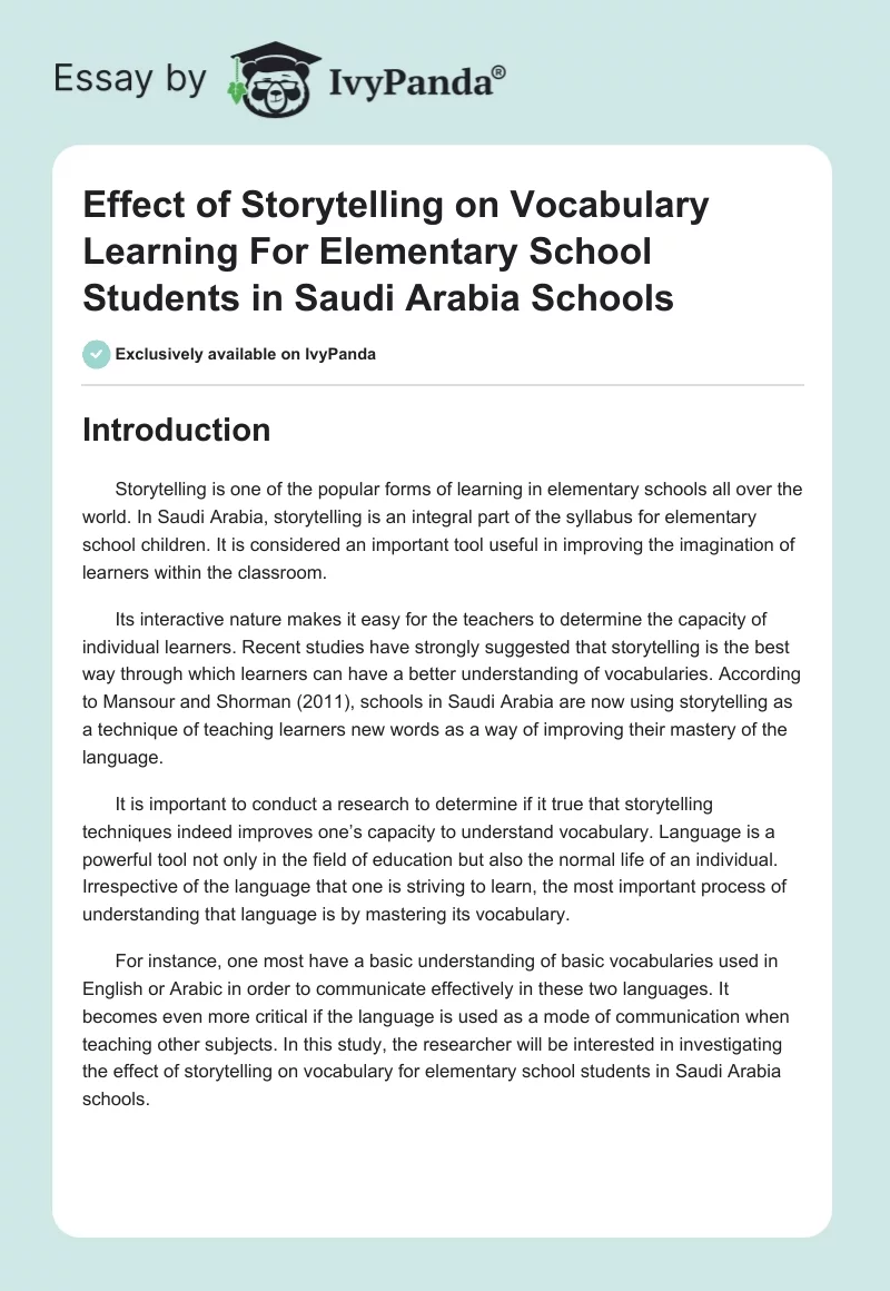 Effect of Storytelling on Vocabulary Learning For Elementary School Students in Saudi Arabia Schools. Page 1