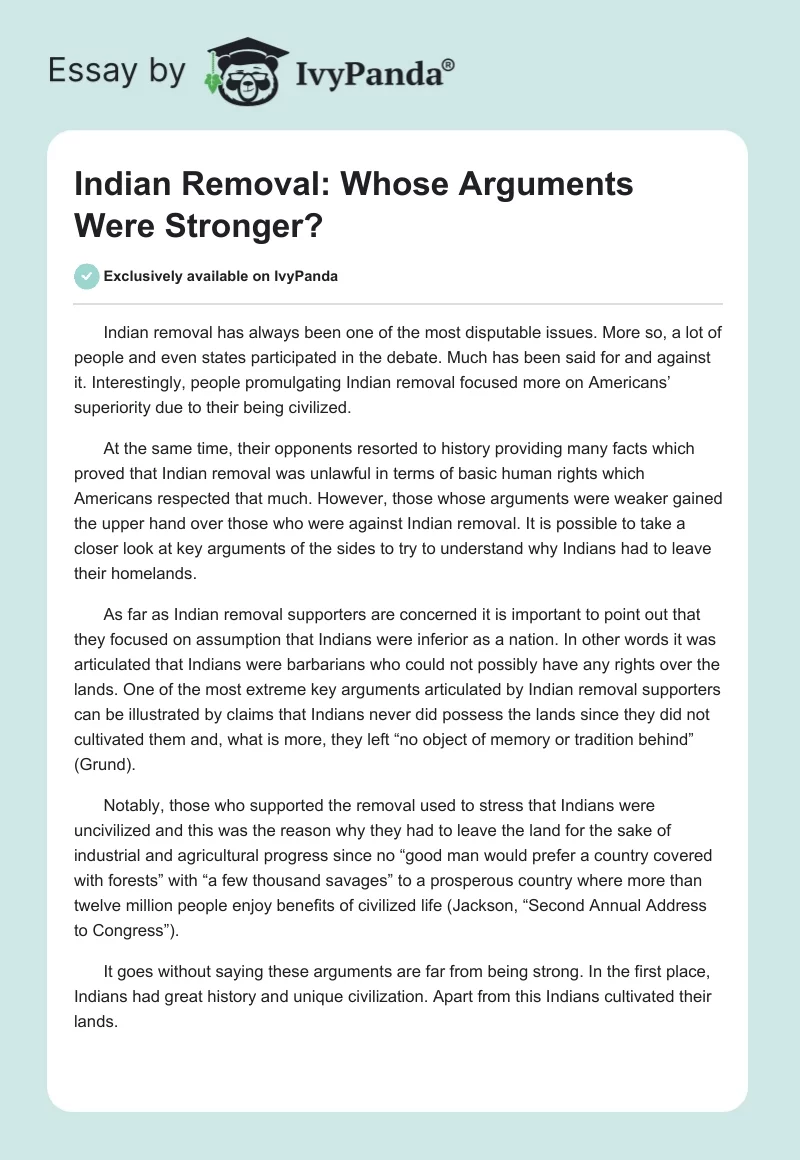 Indian Removal: Whose Arguments Were Stronger?. Page 1