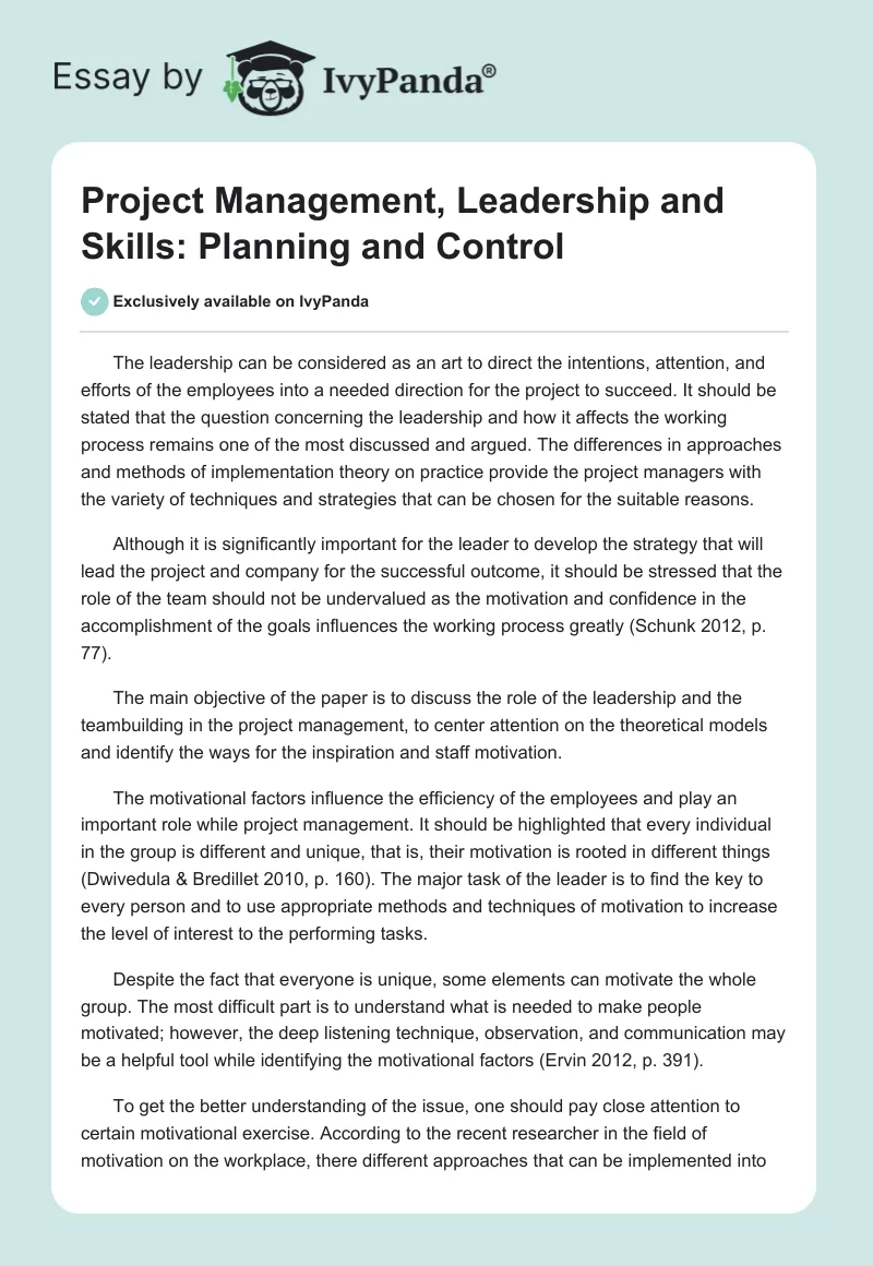 Project Management, Leadership and Skills: Planning and Control. Page 1