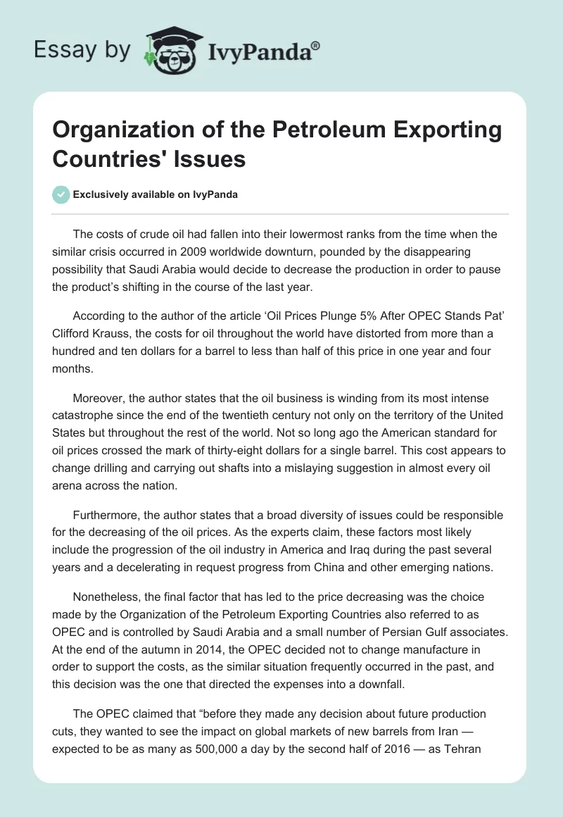 Organization of the Petroleum Exporting Countries' Issues. Page 1