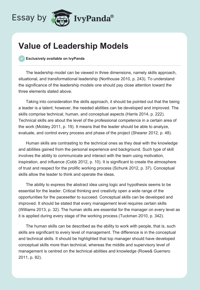 Value of Leadership Models. Page 1