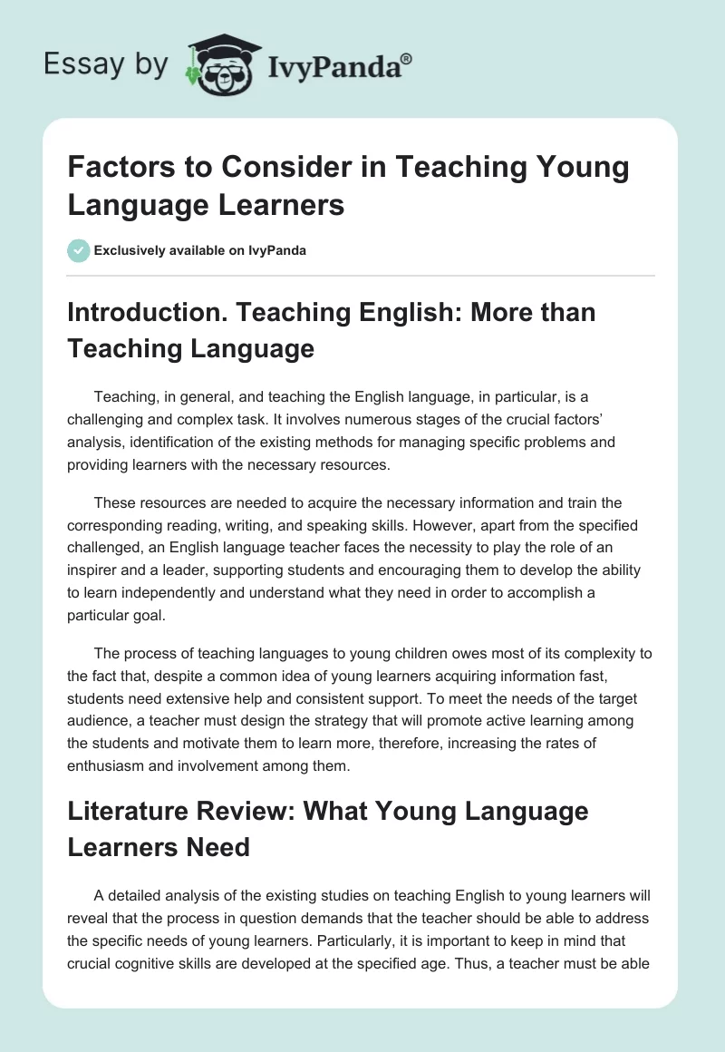 Factors to Consider in Teaching Young Language Learners. Page 1