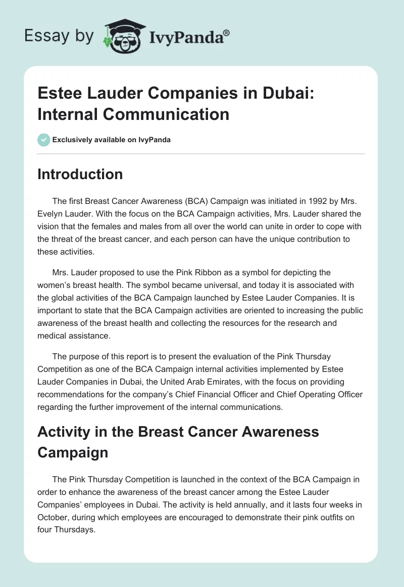Estee Lauder Companies in Dubai: Internal Communication. Page 1