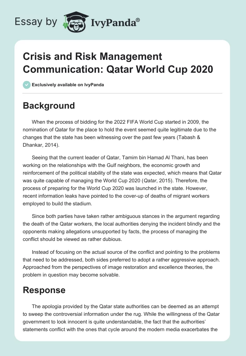 Crisis and Risk Management Communication: Qatar World Cup 2020. Page 1
