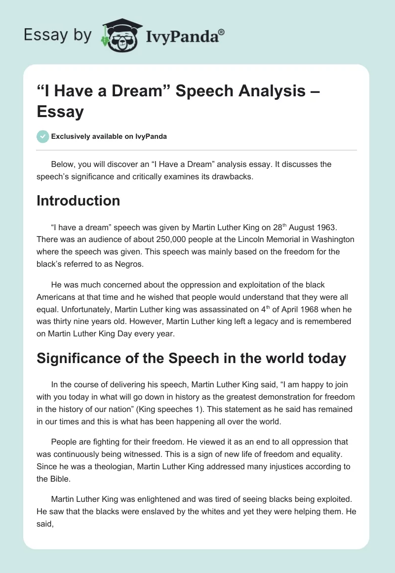 “I Have a Dream” Speech Analysis – Essay. Page 1
