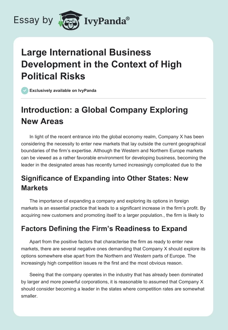 Large International Business Development in the Context of High Political Risks. Page 1