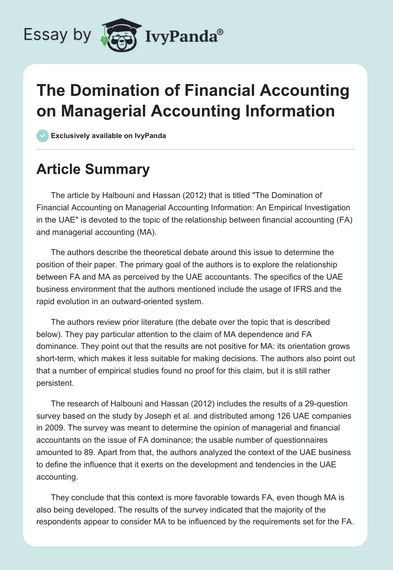 The Domination of Financial Accounting on Managerial Accounting Information. Page 1