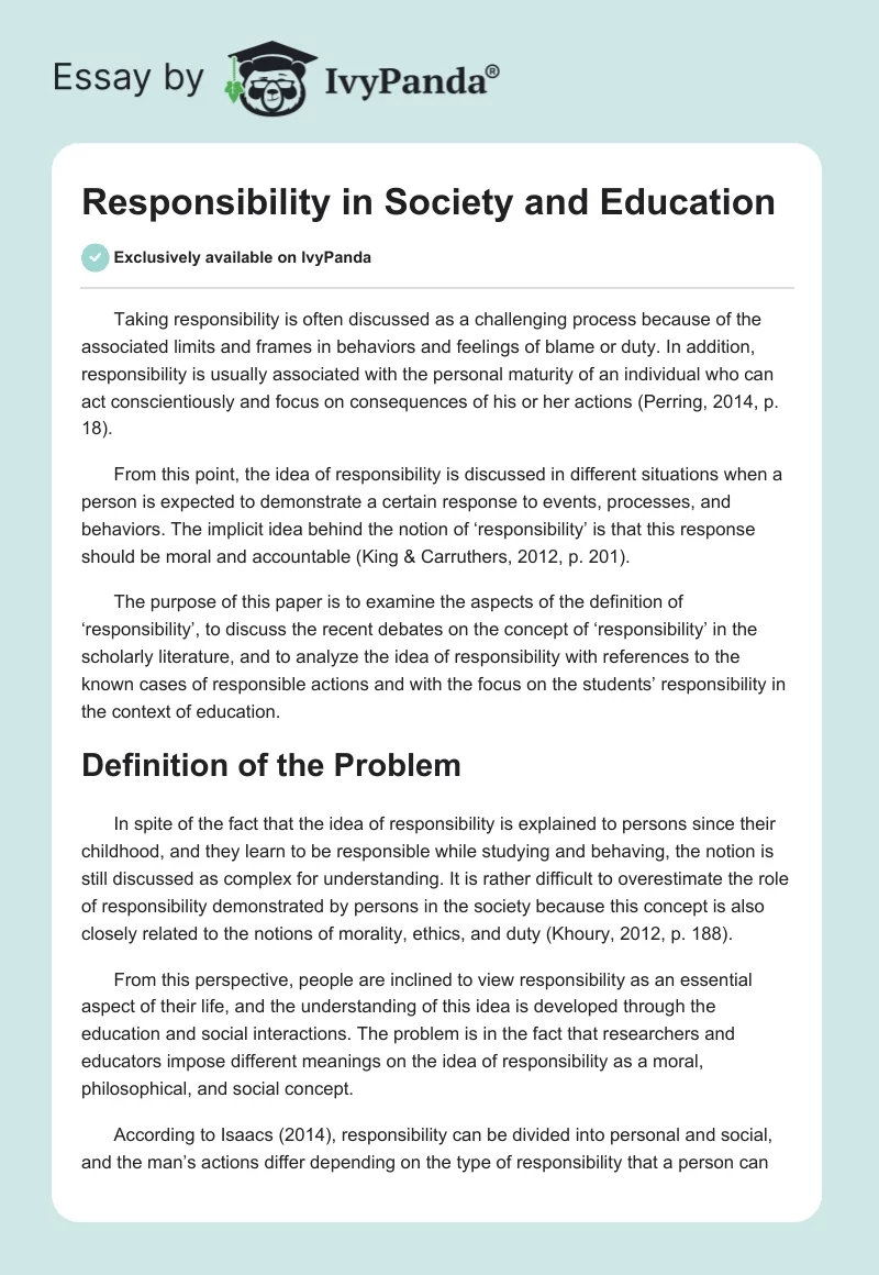 Responsibility in Society and Education. Page 1