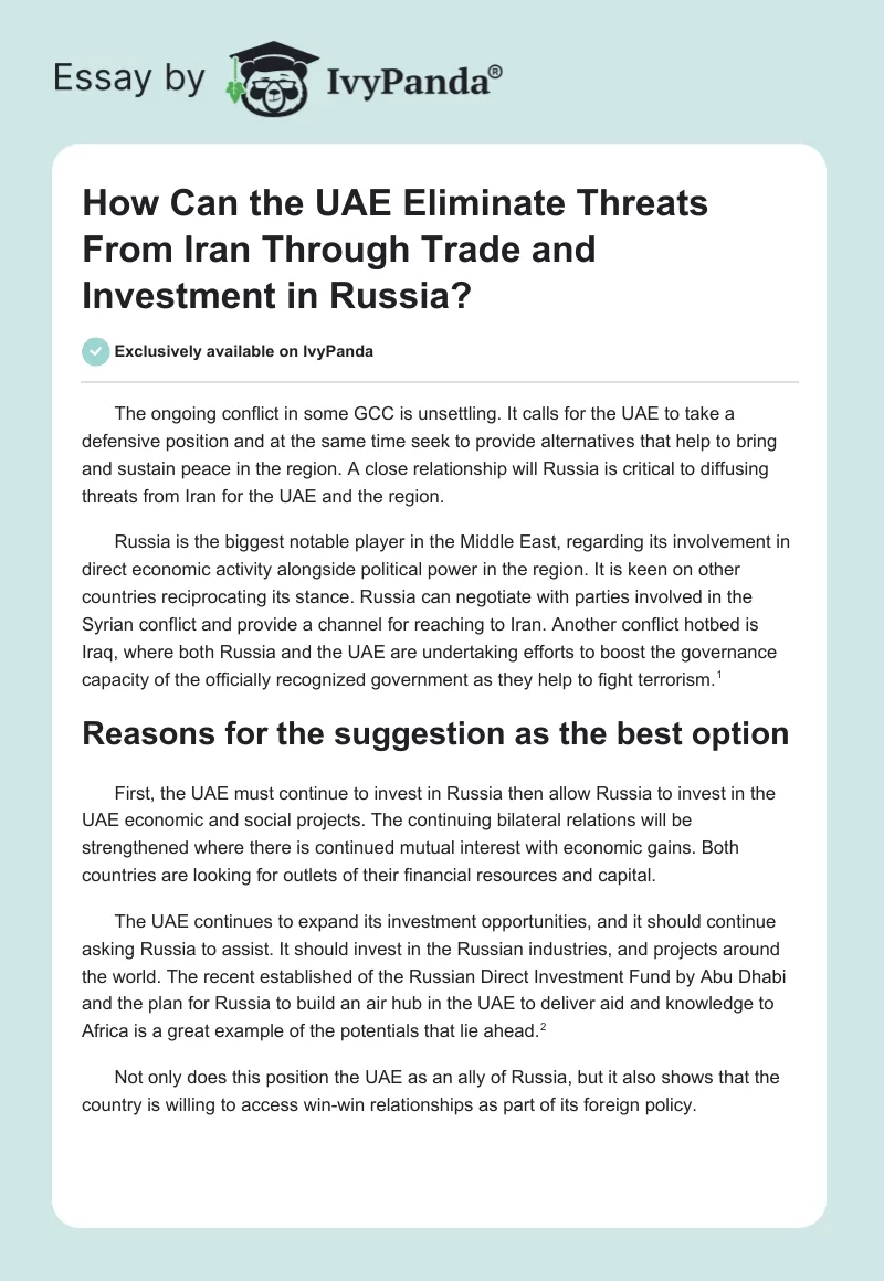 How Can the UAE Eliminate Threats From Iran Through Trade and Investment in Russia?. Page 1
