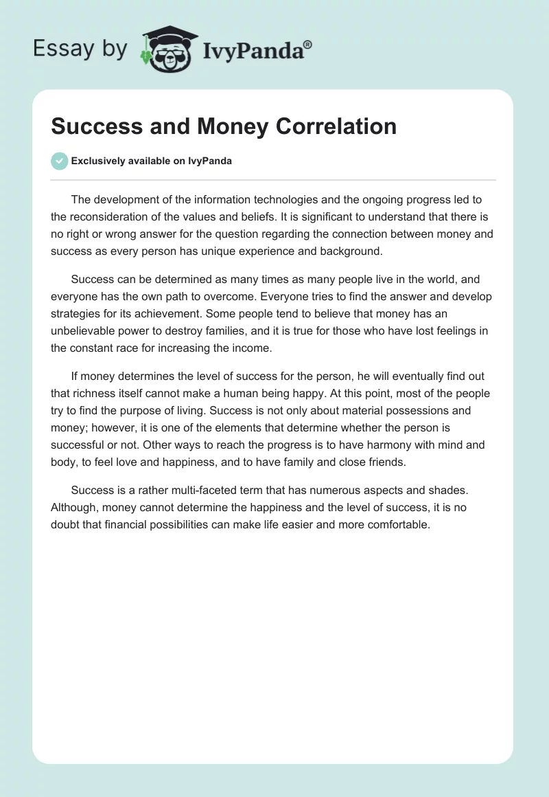 Success and Money Correlation. Page 1