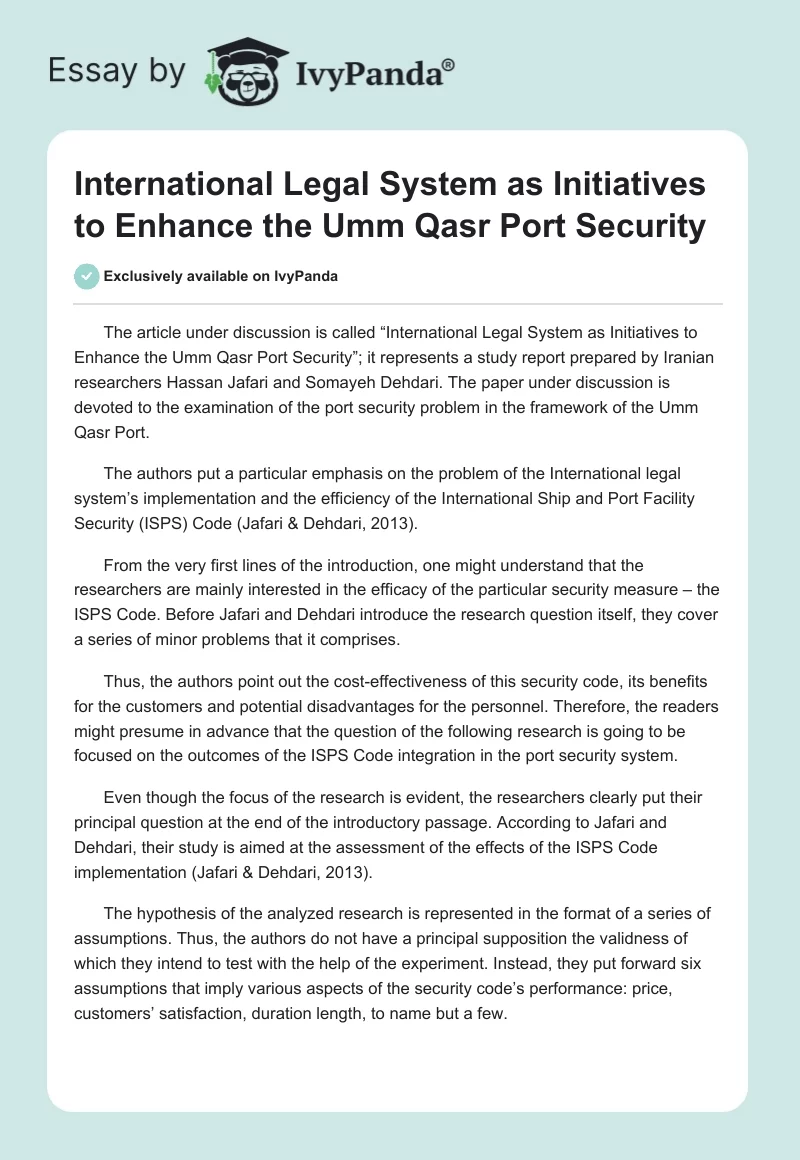 International Legal System as Initiatives to Enhance the Umm Qasr Port Security. Page 1